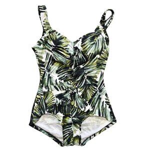 MAXINE OF HOLLYWOOD Shirred Front Girl Leg One Piece Swimsuit in Palm Leaf SZ 14